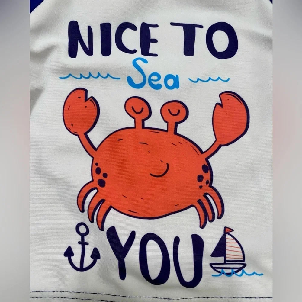 Baby Boy 9-12m Blue White Rash-Guard Long Sleeve Swim Shirt Nautical Crab